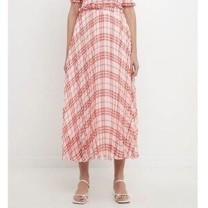 New Endless Rose Red White Plaid Pleated Maxi Skirt XS​